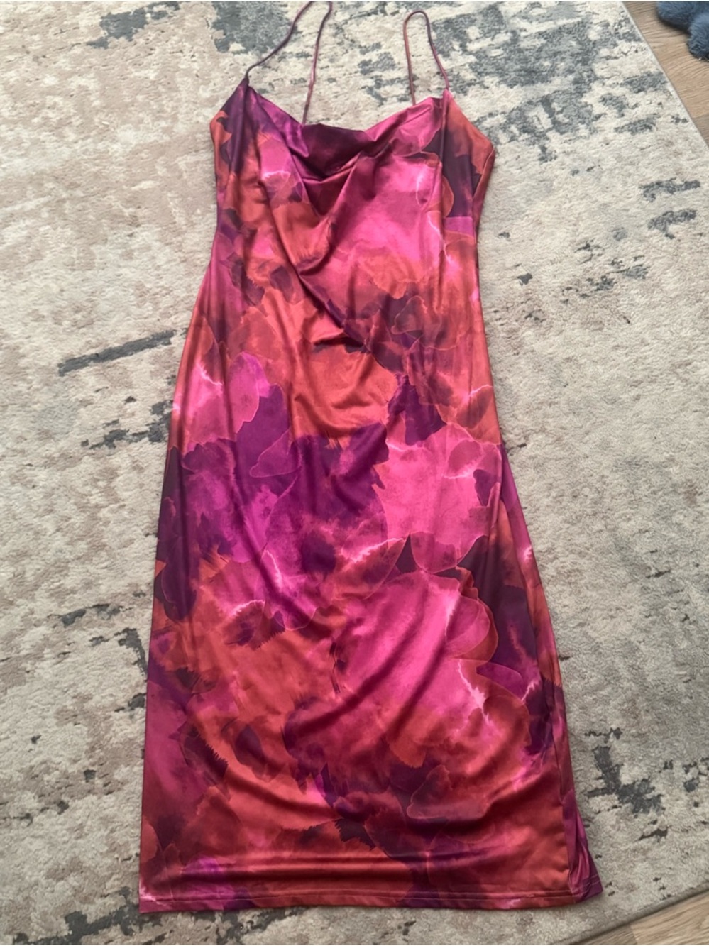 Showpo Pink & Red Slip Midi Dress with Watercolor Floral Print Size 12